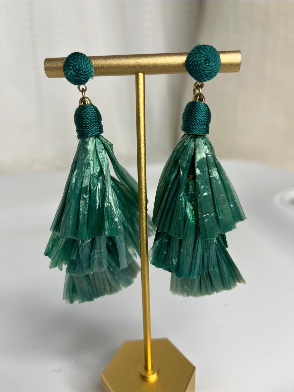 Emerald Green Layered Tassel Drop Earrings